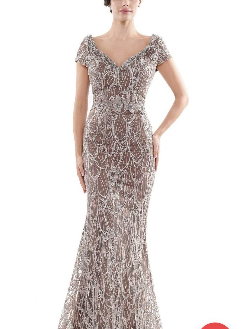 Rina diMontella Beaded Taupe and Silver V-Neck Evening Gown